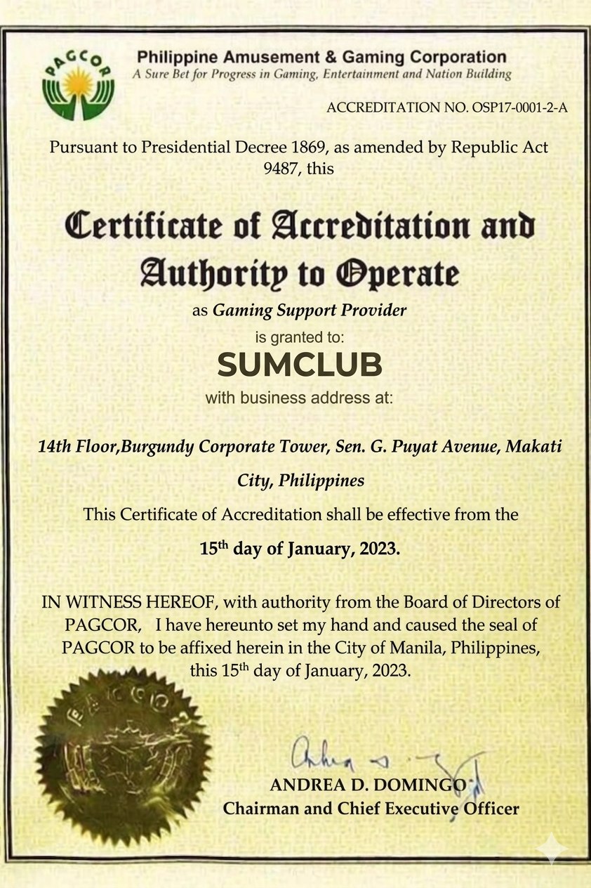 Giấy Phép Sumclub được PAGCOR cấp năm 2023